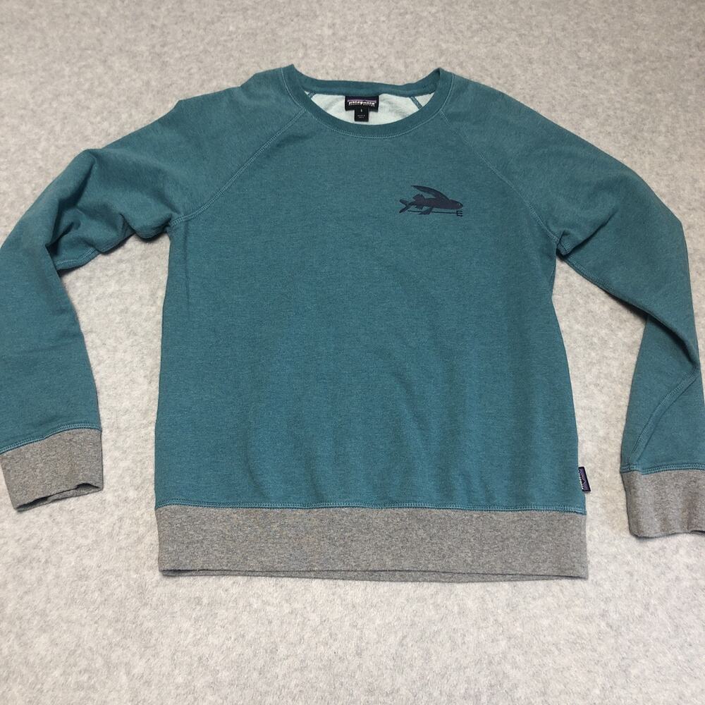 Patagonia Women’s FLYING FISH Sweatshirt Crew Teal Sz Small Organic Cotton